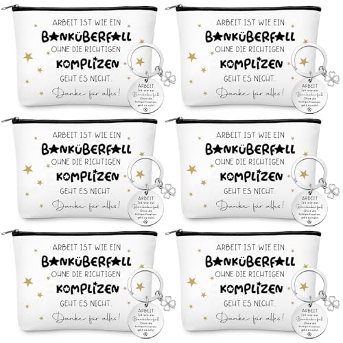 Xuniea 6 Sets Dankeschön Geschenkset für Kollegen 6 Danke für Alles Arbeit Ist Wie Ein Banküberfall Schlüsselanhänger 6 Abschied Kosmetiktasche für Kollegen Weihnachten Jobwechsel Ruhestand Geburtstag von Xuniea