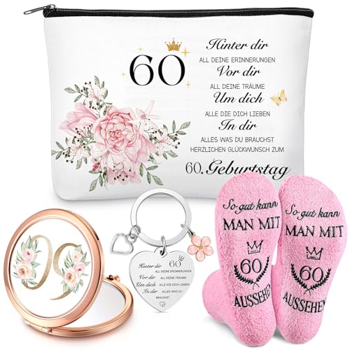 Xuniea 60. Geburtstag Geschenkset für Frauen Kosmetiktasche Schlüsselanhänger Kosmetikspiegel Pinke Socken So gut kann Man MIT 60 Aussehen für Damen Oma Weihnachten Ehefrau Mutter Schwester Freundin von Xuniea