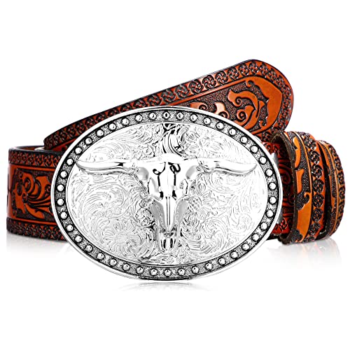 Xuniea Cowboy Gürtel mit Longhorn Schnalle für Herren Western Ledergürtel mit Blumen Gravierter Schnalle (Camelfarben, 43 Zoll) von Xuniea