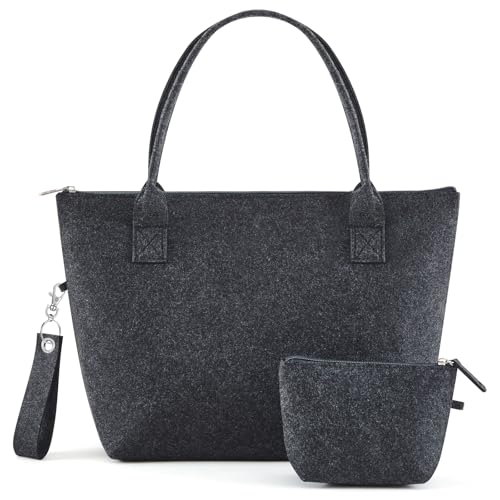 Xuniea Damen Filztasche mit Reißverschluss Filz Tragetasche Mittlere Einkaufstasche Handtasche Shopper mit Kosmetiktasche Portemonnaie Schlüsselanhänger Beplotten Bemalen Weihnachten(Dunkelgrau) von Xuniea