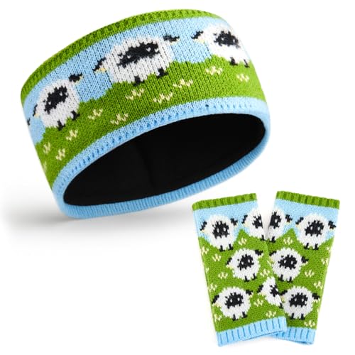 Xuniea Damen Ohrenwärmer Stirnband aus Wolle mit 1 Paar Handschuhe Süß Schaf Geschenkset Winter Fleecegefüttert Handschuhe Mehrfarbig Gehäkelt Ohrenschützer Haarband, Einheitsgröße von Xuniea