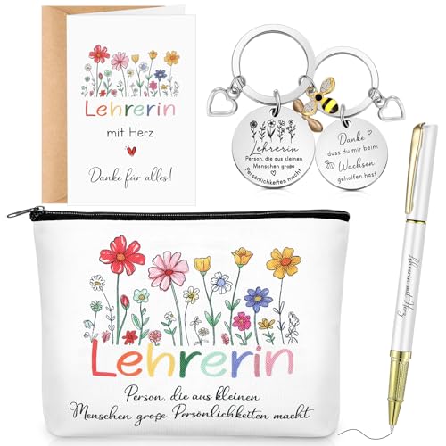 Xuniea Dankeschön Geschenke für Lehrerin Blumen Kosmetiktasche Make Up Tasche Schlüsselanhänger Lehrerin mit Herz Kugelschreiber Dankeskarte mit Umschlag Abschiedsgeschenk für Lehrertag von Xuniea