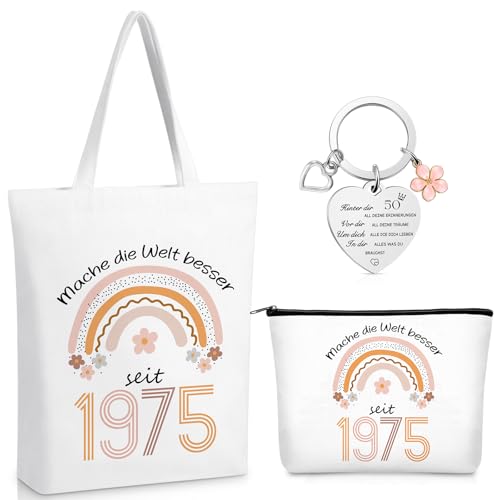 Xuniea Geburtstagesgeschenk für Frauen 50 Geschenkset zum 50. Geburtstag mit 1975 Canvas-Tasche Kosmetiktasche Schlüsselanhänger für 50er Geburtstag Frau Jahrgang 1975 von Xuniea