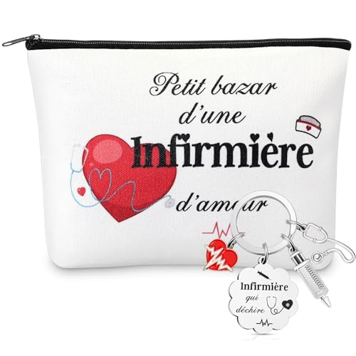 Xuniea Geschenke für Krankenschwester 1 Kulturbeutel 1 Krankenschwester Schlüsselanhänger mit Herz Stethoskop Spritze Infirmière Qui Déchire Geschenkideen für Kollegen Frauen von Xuniea