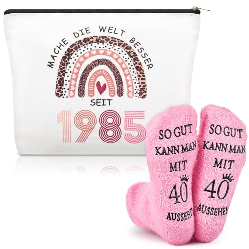 Xuniea Geschenke zum 40 Geburtstag Frau inklusive Kosmetiktasche 40 mit Leopardenmuster-Stil und 40. Geburtstagssocken, 40 Geburtstag Geschenk für Mutter Damen Freundin von Xuniea