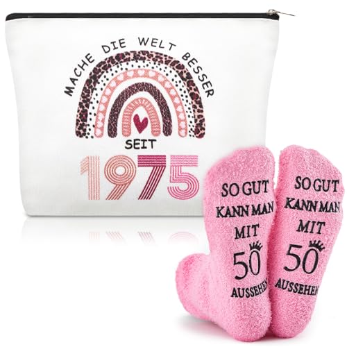 Xuniea Geschenke zum 50 Geburtstag Frau inklusive Kosmetiktasche 50 mit Leopardenmuster-Stil und 50. Geburtstagssocken, 50 Geburtstag Geschenk für Mutter Damen Freundin von Xuniea