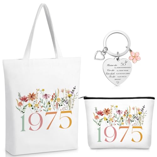 Xuniea Geschenke zum 50. Geburtstag für Frauen Baumwolltasche + Kosmetiktasche + Schlüsselanhänger Ruhestand Geschenke Geburtstagsgeschenke für Frauen Mütter Tante Schwester Beste Freundin von Xuniea
