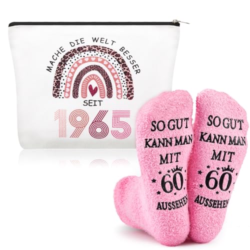Xuniea Geschenke zum 60 Geburtstag Frau inklusive Kosmetiktasche 60 mit Leopardenmuster-Stil und 60. Geburtstagssocken, 60 Geburtstag Geschenk für Mutter Damen Freundin von Xuniea