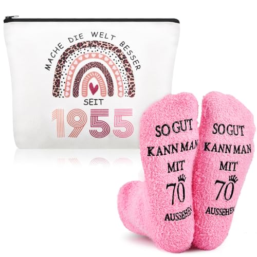 Xuniea Geschenke zum 70 Geburtstag Oma Mutter inklusive Kosmetiktasche 70 mit Leopardenmuster-Stil und 70. Geburtstagssocken, 70 Geburtstag Geschenk für Mutter Damen Freundin von Xuniea