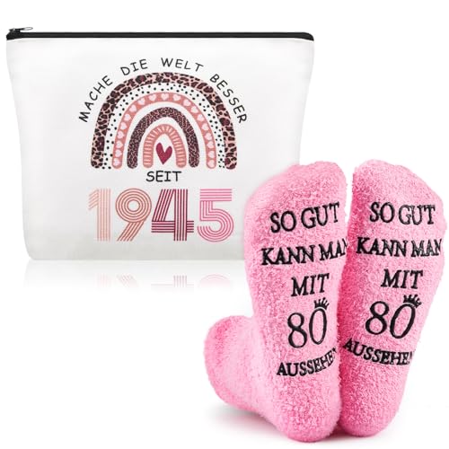 Xuniea Geschenke zum 80 Geburtstag Oma Mutter inklusive Kosmetiktasche 80 mit Leopardenmuster-Stil und 80. Geburtstagssocken, 80 Geburtstag Geschenk für Mutter Damen Freundin von Xuniea
