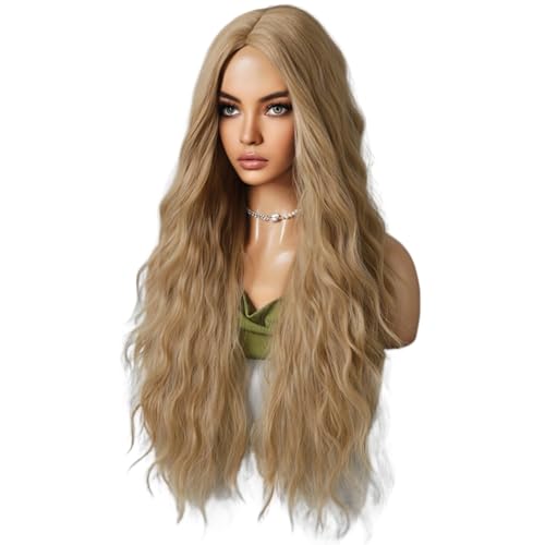 Xuodawer Sandgoldene 72-Cm-PerüCke für Frauen mit Langem, Lockigem Haar, Mittelscheitel, Wasserwellige Chemiefaser-PerüCke von Xuodawer