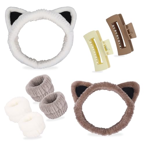 Xuqiakw Spa-Stirnband- und Armband-Set zum Waschen des Gesichts, Tierpflege, Kopfband, 4 Mikrofaser-Handgelenkbänder und 2 Haarspangen, verhindert Nässe an Haaren und Armen (Katze) von Xuqiakw