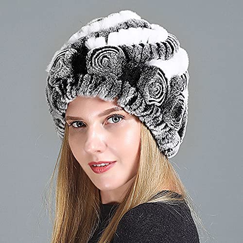 Xushiwanju Komfort im Winter Winterfrauen natürliche echte Pelzhut Damen warme weiche gestrickte Blumen gestreiftes Kaninchen-Pelzhut Outdoor-Pelz-Mütze-Hut Wärme und Schutz vor Kälte(Color13) von Xushiwanju