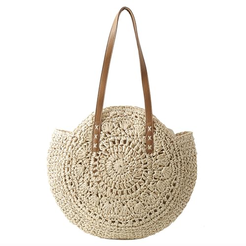 Xusxes Retro Runde Strandtasche Frauen Reisen Urlaub Freizeit Geflochten Tasche Strohtasche Frauen Reisen Urlaub Freizeit Geflochten Tasche Faltbar,leicht,Fassungsvermögen(Beige) von Xusxes