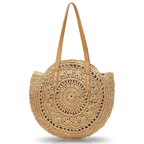 Xusxes Retro Runde Strandtasche Frauen Reisen Urlaub Freizeit Geflochten Tasche Strohtasche Frauen Reisen Urlaub Freizeit Geflochten Tasche Faltbar,leicht,Fassungsvermögen(Hellbraun) von Xusxes