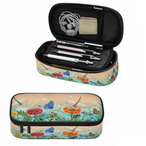 Xuwenz Federmäppchen mit Libellen, Schmetterlingen, Blumen, Gras, Pflanzen, Sommer, Federmäppchen, Marker, Tasche, Organizer, für Büroangestellte von Xuwenz
