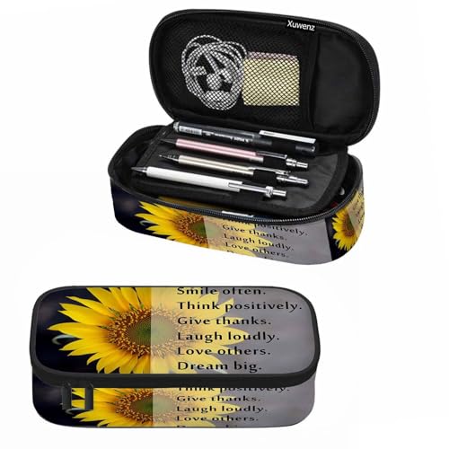 Xuwenz Federmäppchen mit Sonnenblumen-Motiv, Smile Oft Think Thanks Laugh Loudly Bright Yellow Flower Pencil Bag Pen Marker Pouch Holder Organizer for Office Clerks von Xuwenz