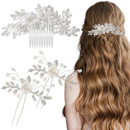 Xuzhengyang 3 Stück Hochzeitshaarschmuck mit Strass Perle Blume Braut Hochzeit Haarkamm Damen Handgemachte Perle Braut Haarschmuck von Xuzhengyang