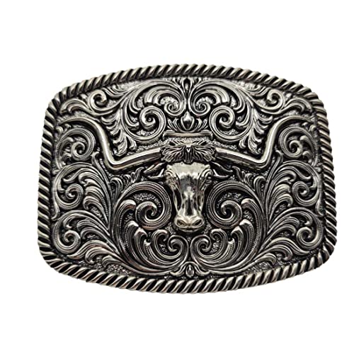 Xwest Rectangle Floral Flower Ancient Silver Bull Longhorn Western Cowboy Belt Buckle Gürtelschnallen von Xwest