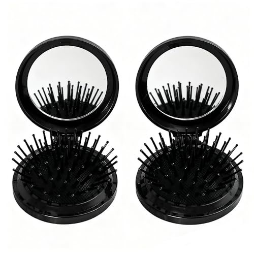 Xynovate 2er Pack Faltbare Reise-Haarbürste, Haarbürste ohne Ziepen, Mini Haarkamm für Locken mit Reise Spiegel Runde Tragbare Faltbare Tasche für Männer Frauen und Mädchen(Blak) von Xynovate