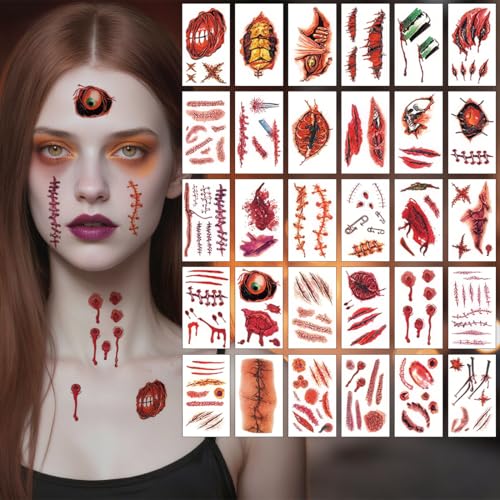 Narben Tattoo Halloween, 30 Blatt Realistisch Horror Tattoo Narben, Gruselig Zombie Gesichtstattoo für Kinder & Erwachsene, Wasserdichte Wunden Halloween Tattoo für Karneval & Party von Xynqura
