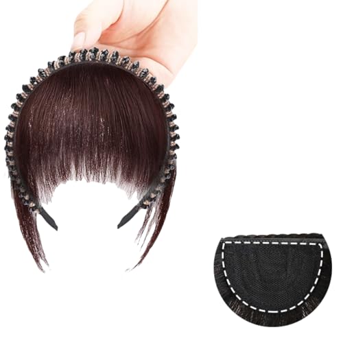 A brown,Xytraiihw Clip-in-Pony aus Echthaar, dünner Pony mit Strasssteinen, flache, ordentliche Pony-Haarverlängerung, Clip-on-Air-Pony für Frauen von Xytraiihw