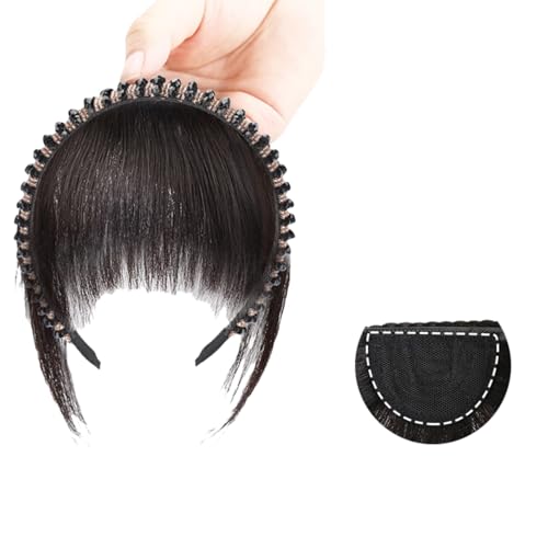 A natural,Xytraiihw Clip-in-Pony aus Echthaar, dünner Pony mit Strasssteinen, flache, ordentliche Pony-Haarverlängerung, Clip-on-Air-Pony für Frauen von Xytraiihw