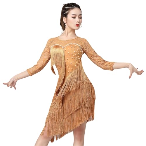 Gelb,L,Damen Tanzkleider Mitte Spitzenärmel, Tango Soziale Wettbewerb Kostüme Salsa Tanzen Outfit Ballroom Kleider Ballsaal Samba Cha Cha Rumba Quaste Latein Turnierkleid von Xytraiihw