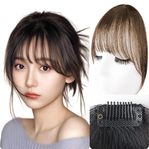 Light brown,Xytraiihw Echthaar Fringe Bangs, Echthaar-Clip-In-Topper Gerade Pony-Haarverlängerung Mit Spitzennetzbasis Für Frauen Mit Dünner Werdendem Haar von Xytraiihw