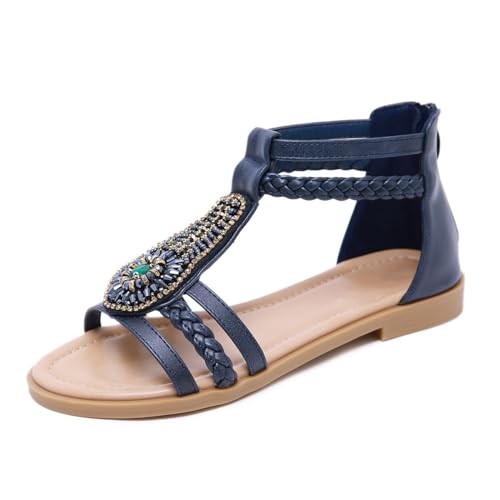 Xytraiihw Bohemia Strandsandalen, 2024 Frauen Sommer Rom Casual Retro Strass String Bead Plateauschuhe,Blau,35 von Xytraiihw