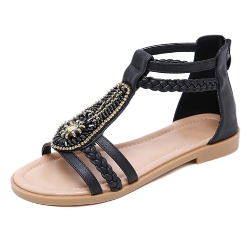 Xytraiihw Bohemia Strandsandalen, 2024 Frauen Sommer Rom Casual Retro Strass String Bead Plateauschuhe,Schwarz,35 von Xytraiihw