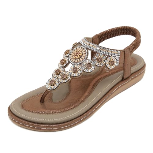 Xytraiihw Damen Bohemian Style Sandalen, 2024 Sommer Soft Bottom Strandschuhe Flache Absätze Sandalen Damen Rom Sandalen,Braun,37 von Xytraiihw