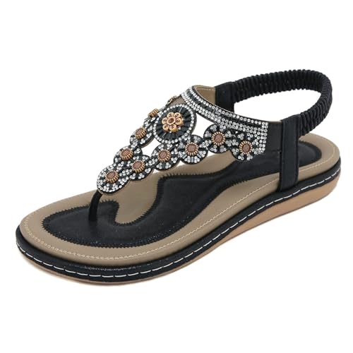 Xytraiihw Damen Bohemian Style Sandalen, 2024 Sommer Soft Bottom Strandschuhe Flache Absätze Sandalen Damen Rom Sandalen,Schwarz,36 von Xytraiihw