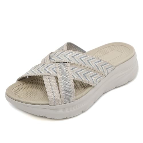 Xytraiihw Damen-Sommer-Casual-Keil-Hausschuhe, Bequeme Cross-Riemen-Plattform-Wanderschuhe Leichte Atmungsaktive Strand-Slipper,Gelb,35 von Xytraiihw