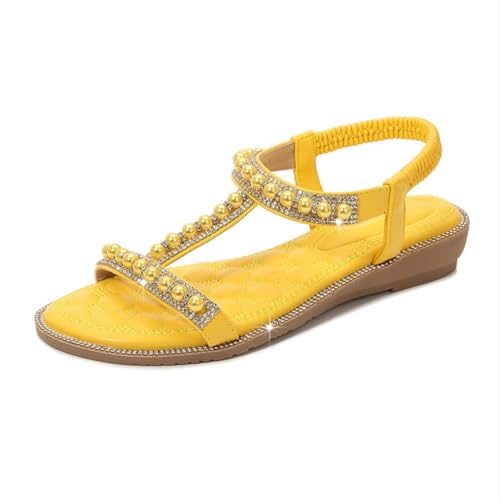 Xytraiihw Damen Sommer Sandaletten, Mit Perlen Mit Strass Sandalen Große Größe Offener Zehen Strandschuhe Atmungsaktiv Flache Flip Flops Slingback Römische Schuhe Für Strand Party,Gelb,36 EU von Xytraiihw