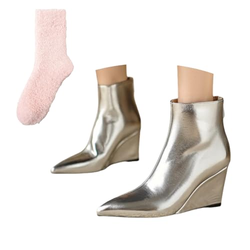 Xytraiihw Damen Stiefeletten Mit Keilabsatz Pitze Zehe Schuhe Frühling Sommer Reißverschluss Hinten Booties PU-Leder Große Größe Elegant Kurzstiefe,Silber,41 EU von Xytraiihw