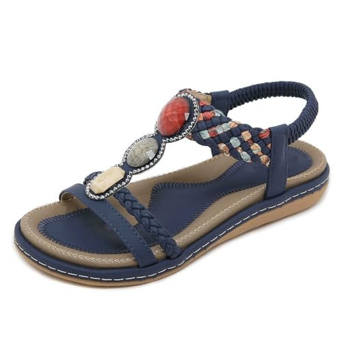 Xytraiihw Flache Sandalen Für Den Sommer Mit Weicher Sohle, Böhmische Perlenbesetzte Sandalen Mit Elastischem Band Leichte Sandalen Lässige Strandschuhe Für Damen,Blau,39 von Xytraiihw