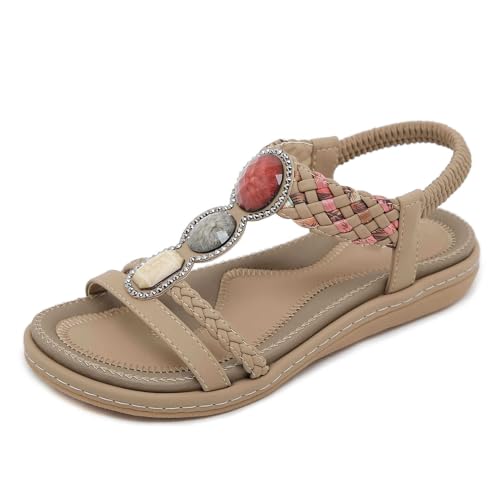 Xytraiihw Flache Sandalen Für Den Sommer Mit Weicher Sohle, Böhmische Perlenbesetzte Sandalen Mit Elastischem Band Leichte Sandalen Lässige Strandschuhe Für Damen,Gelb,39 von Xytraiihw