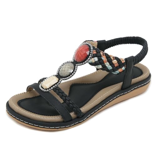 Xytraiihw Flache Sandalen Für Den Sommer Mit Weicher Sohle, Böhmische Perlenbesetzte Sandalen Mit Elastischem Band Leichte Sandalen Lässige Strandschuhe Für Damen,Schwarz,36 von Xytraiihw