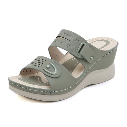 Xytraiihw Plateau-Slipper Für Damen, Bequeme Sandalen Mit Offenem Zehenbereich Rutschfeste Leder-Freizeitschuhe Für Den Strand,Grün,37 von Xytraiihw