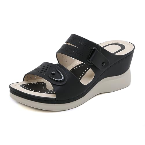 Xytraiihw Plateau-Slipper Für Damen, Bequeme Sandalen Mit Offenem Zehenbereich Rutschfeste Leder-Freizeitschuhe Für Den Strand,Schwarz,39 von Xytraiihw