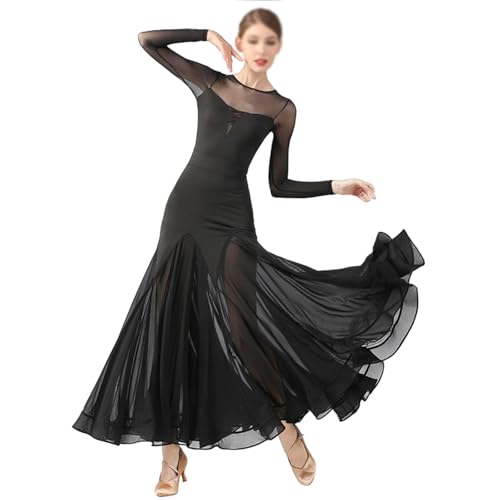 Xytraiihw Schwarz,M,Langarm Ballsaal Tanz Kleid Damen, Frauen Modern Walzer Tango Tanzen Großem Swingrock Glatter Dance Dress Für Walzer Kostüm von Xytraiihw