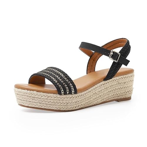 Xytraiihw Sommer Frauen Sandalen, Handgemachte Hanf Seil Keile Schuhe Outdoor Freizeit Anti-Rutsch Strand Hausschuhe Offene Zehe Sommerschuhe,Schwarz,35 von Xytraiihw