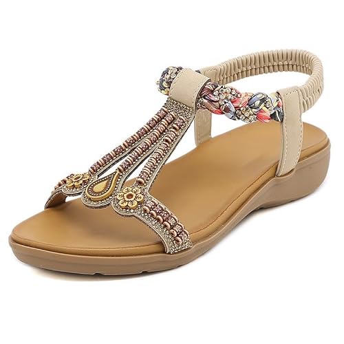 Xytraiihw Sommer Mode Schuhe für Frauen, Knöchelriemen Damen Sandalen Gummiband Kleid Sandalen Frauen lässig runde Zehen flache Schuhe,Beige,42 von Xytraiihw