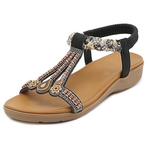 Xytraiihw Sommer Mode Schuhe für Frauen, Knöchelriemen Damen Sandalen Gummiband Kleid Sandalen Frauen lässig runde Zehen flache Schuhe,Schwarz,36 von Xytraiihw