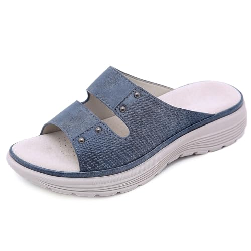 Xytraiihw Sommermode Sport Keilpantoffeln, Frauen Leder Einfache Slides draußen Freizeit Büro Leichter weicher Hausschuh,Blau,36 von Xytraiihw