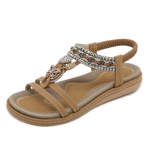 Xytraiihw Sommersandalen Für Damen, 2024 Bequeme Sandalen Für Damen Bling-Strass-Flats Perlenschuhe Lässige Sandalen,Gelb,36 von Xytraiihw