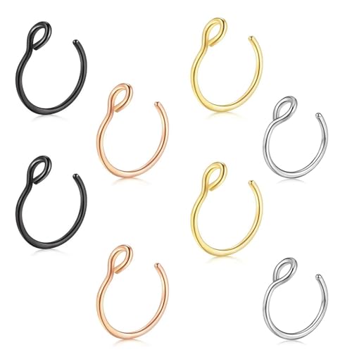 Xyvona 8 Stück Fake Nasenpiercing Ring, Fake Nose Ring, Edelstahl Fake Nasenring Piercing, Fakes Lippenring, Fake Septum Hoop für Damen Herren Mädchen(4 Farben) von Xyvona
