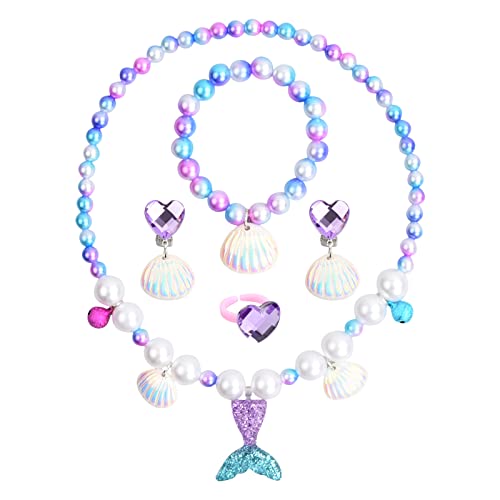 Xzeemo 5 Stk Meerjungfrau Schmuck Set für Mädchen, Meerjungfrau Kinderschmuck Halskette, Ringe, Armbänder, Ohrring, Bunte Perlen Schmuck Prinzessin Geschenke für Kleine Mädchen 2 3 4 5 Jahre (A) von Xzeemo