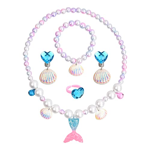 Xzeemo 5 Stk Meerjungfrau Schmuck Set für Mädchen, Meerjungfrau Kinderschmuck Halskette, Ringe, Armbänder, Ohrring, Bunte Perlen Schmuck Prinzessin Geschenke für Kleine Mädchen 2 3 4 5 Jahre (B) von Xzeemo